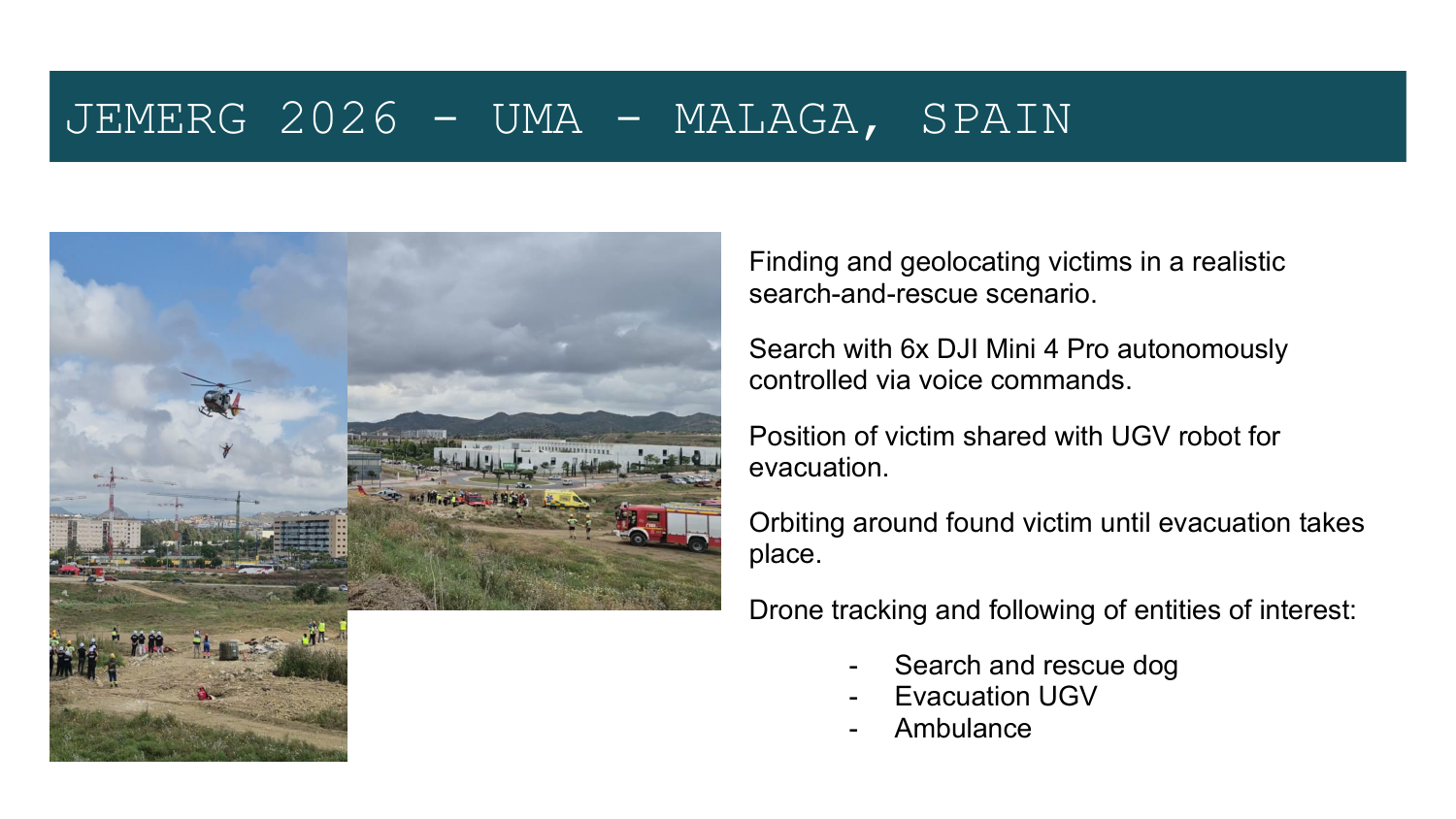 JEMERG search and rescue scenario overview with UAV victim search and UGV evacuation from lecture slides