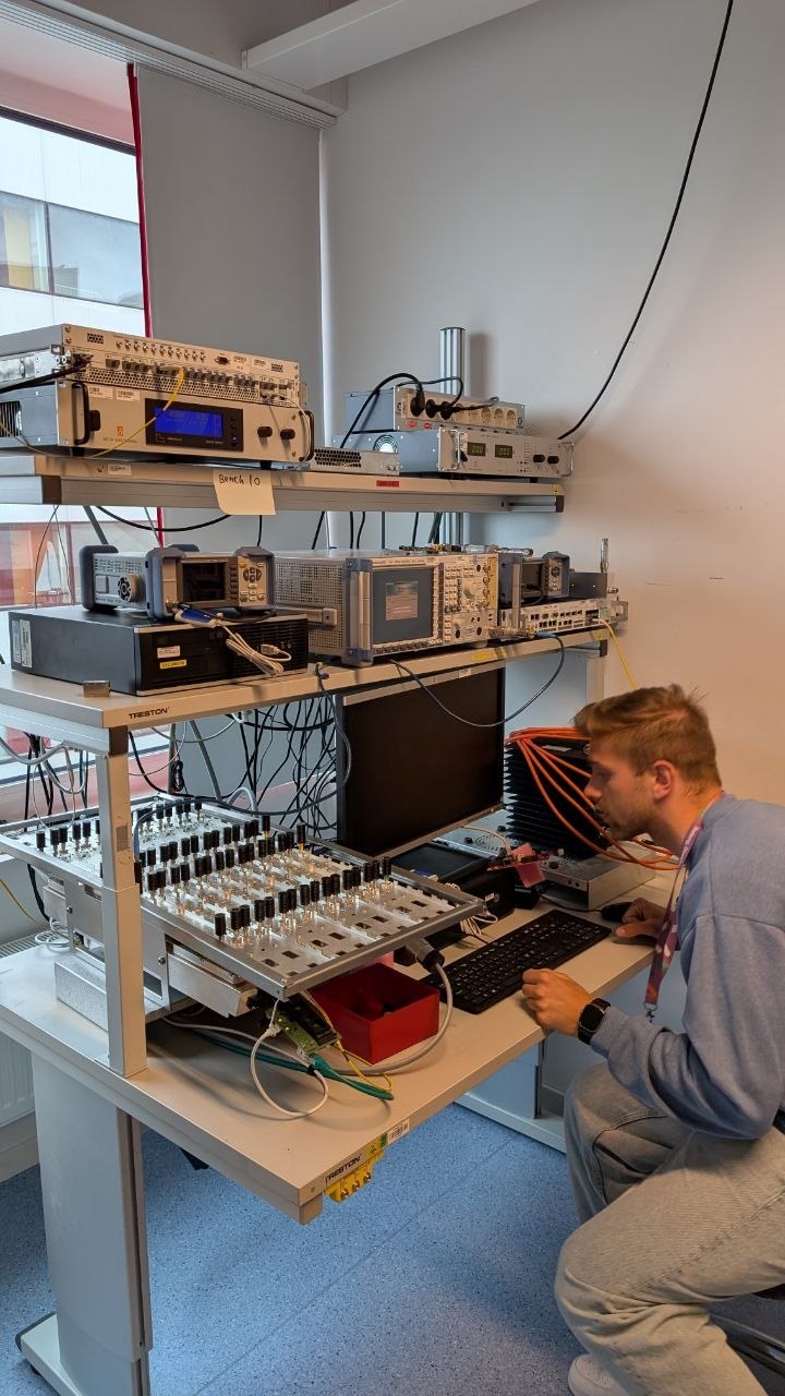RF test bench with oscilloscope and signal analyzers