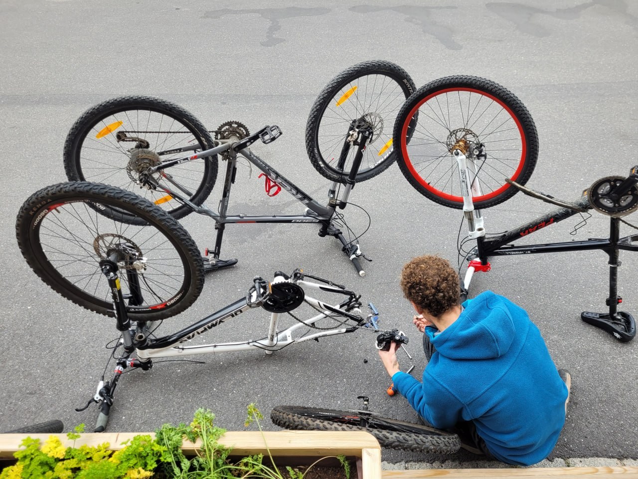Repairing a bicycle on the street in Stockholm