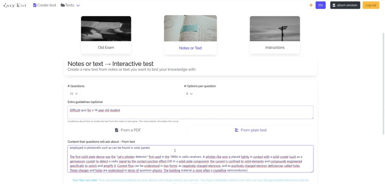 Lazy-Test v1 quiz creation interface with Old Exam, Notes, and Instructions modes