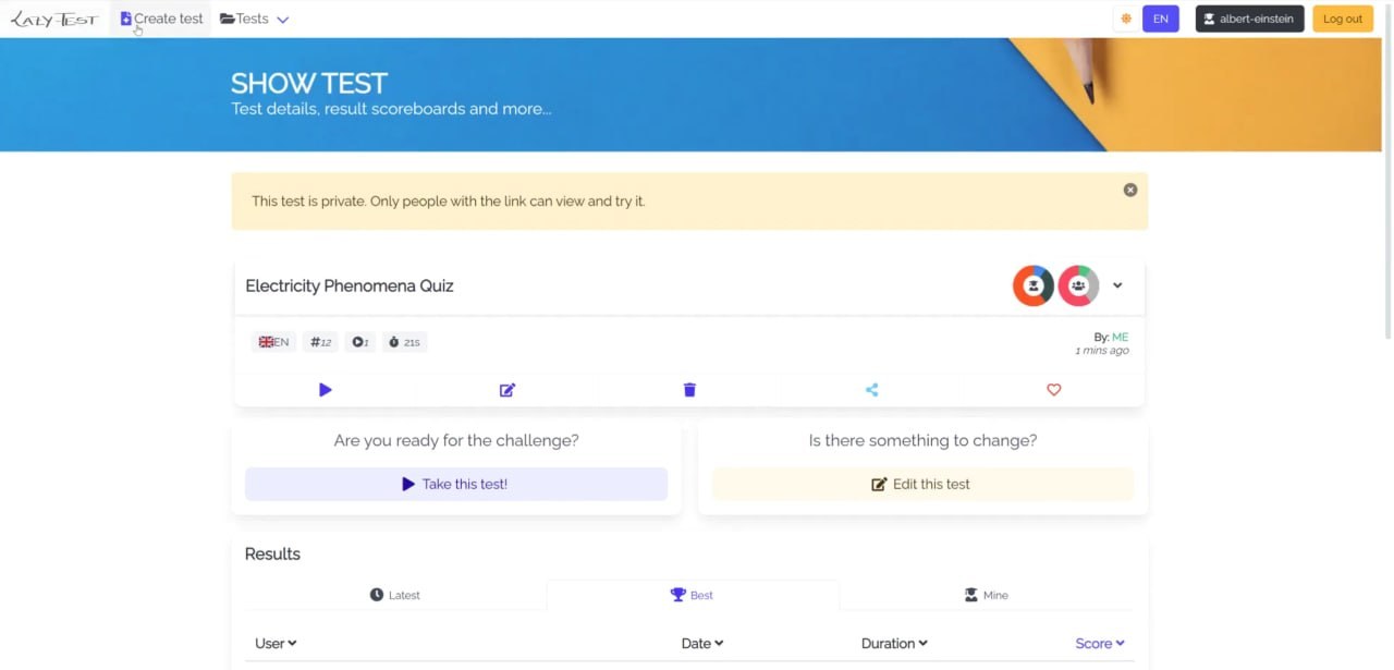 Lazy-Test v1 test dashboard and student leaderboard view