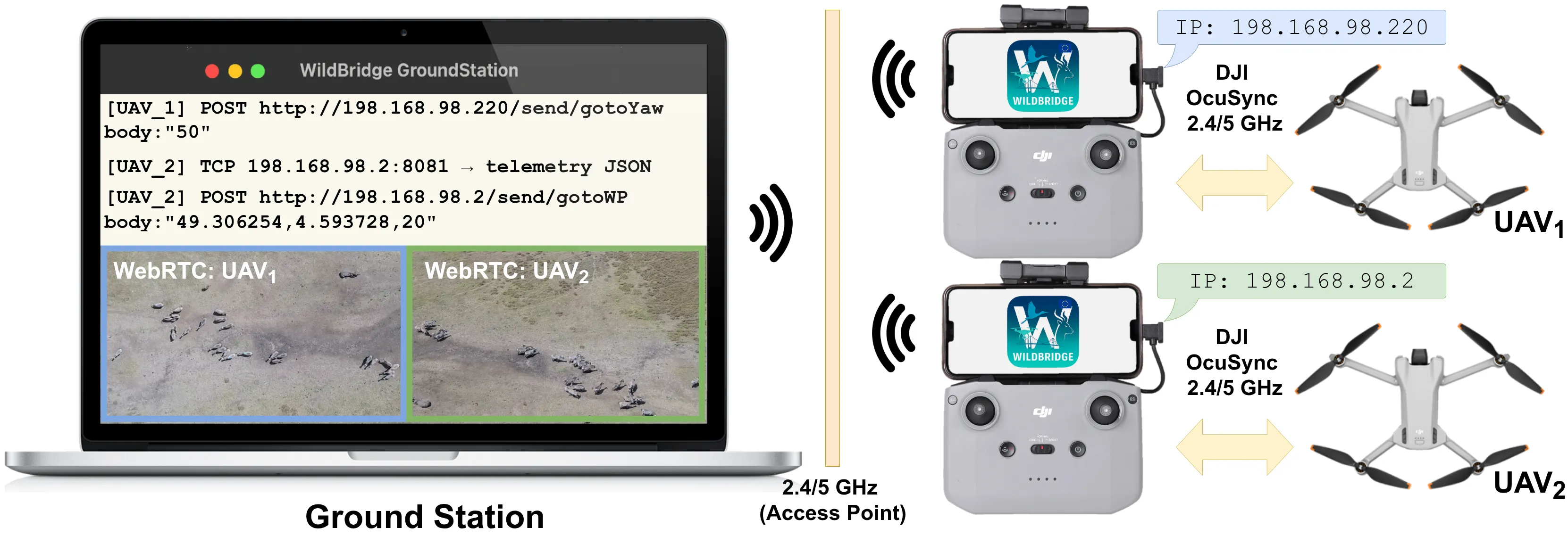 Lyrebird system architecture: DJI remote controllers running Lyrebird exposing MAVLink 2, HTTP, TCP telemetry and WHIP/WHEP video over Wi-Fi