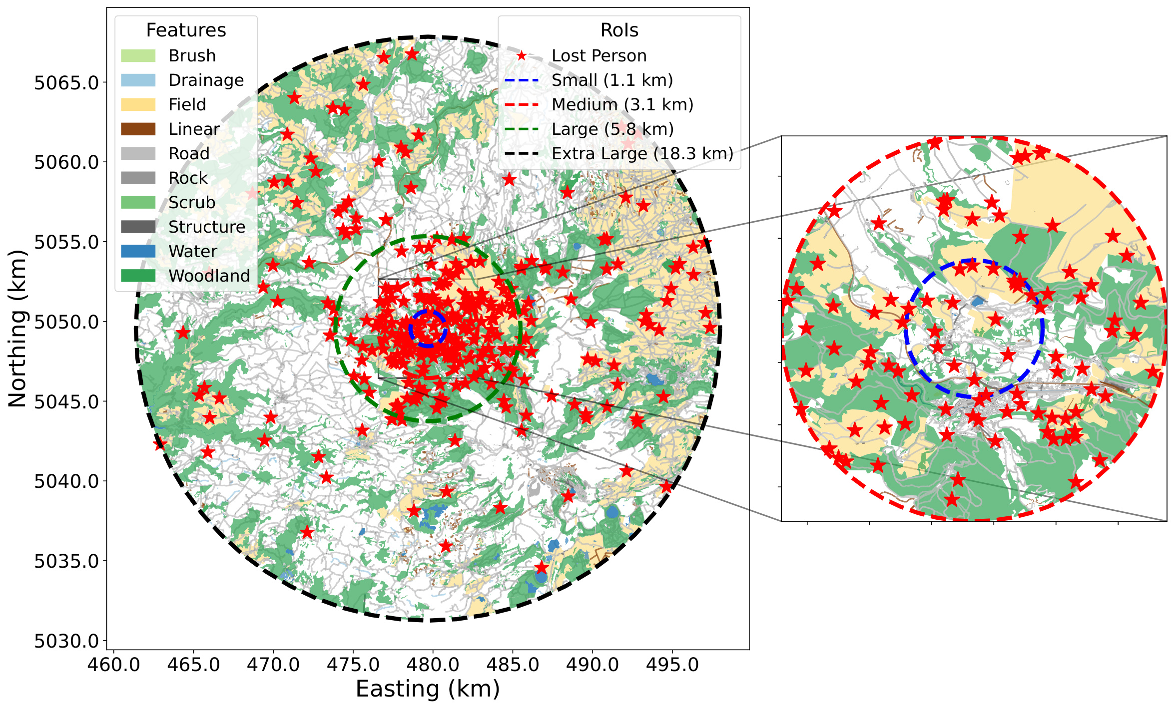300 generated lost-person locations clustered in high-probability areas