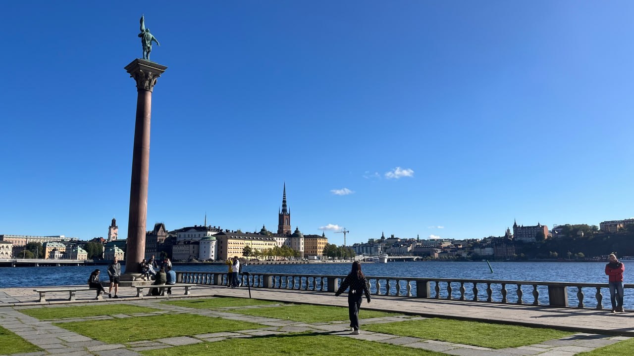 The City Hall garden overlooking Riddarfjärden with Riddarholmen and Södermalm across the water
