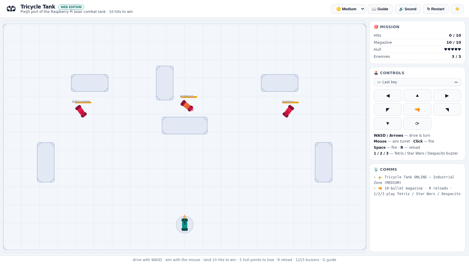 Tricycle Tank web edition: Fortress Siege (hard) — the player tank facing four AI hunters behind cover walls, with the mission HUD and comms log