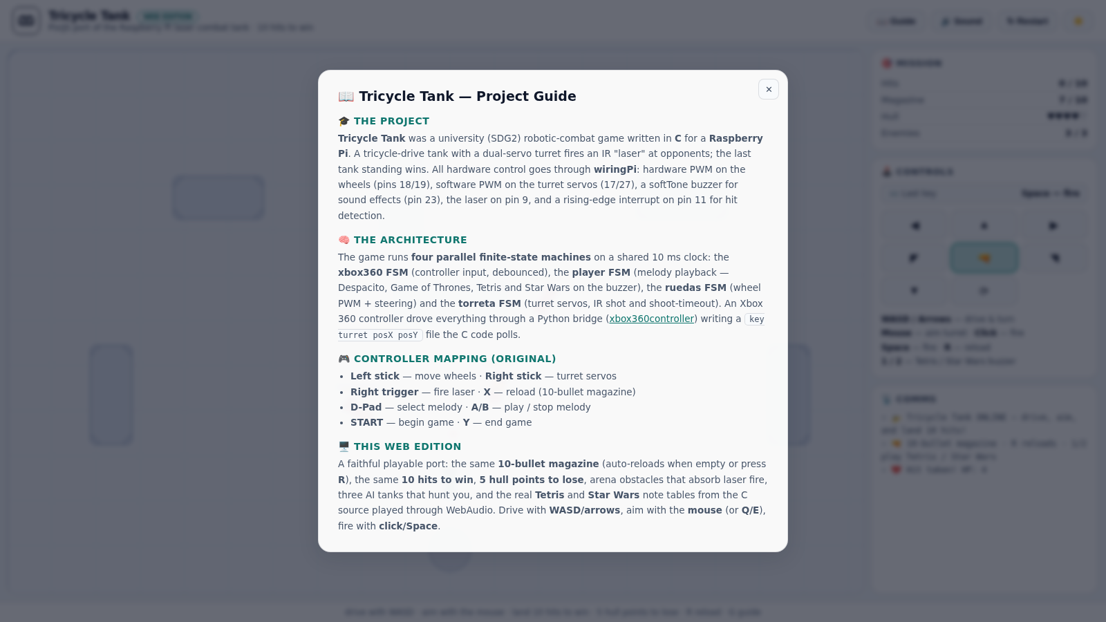 Tricycle Tank web edition guide modal explaining the hardware, state machines and controller mapping