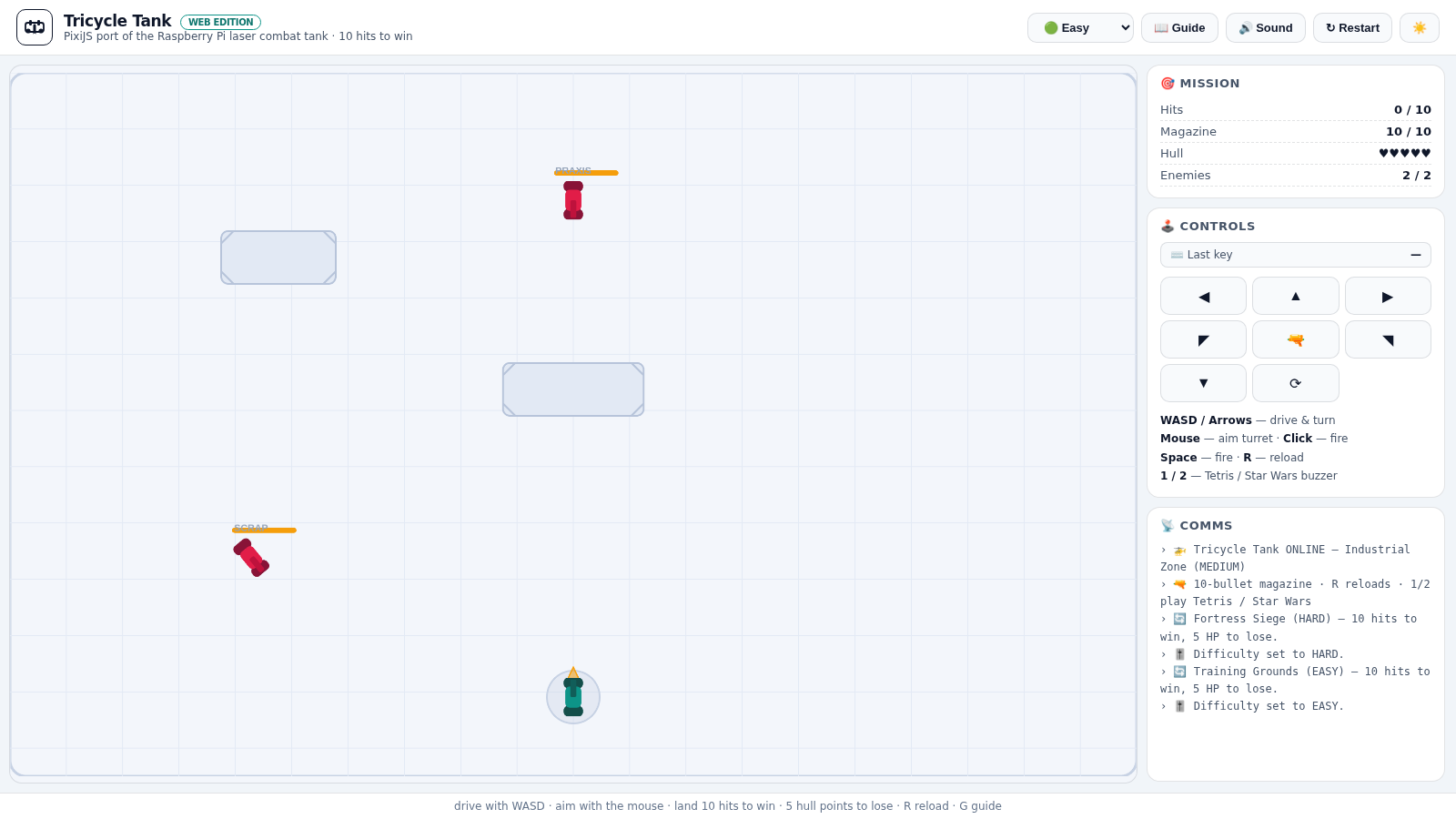 Tricycle Tank web edition: Training Grounds (easy) — the player tank against two target tanks with the mission HUD