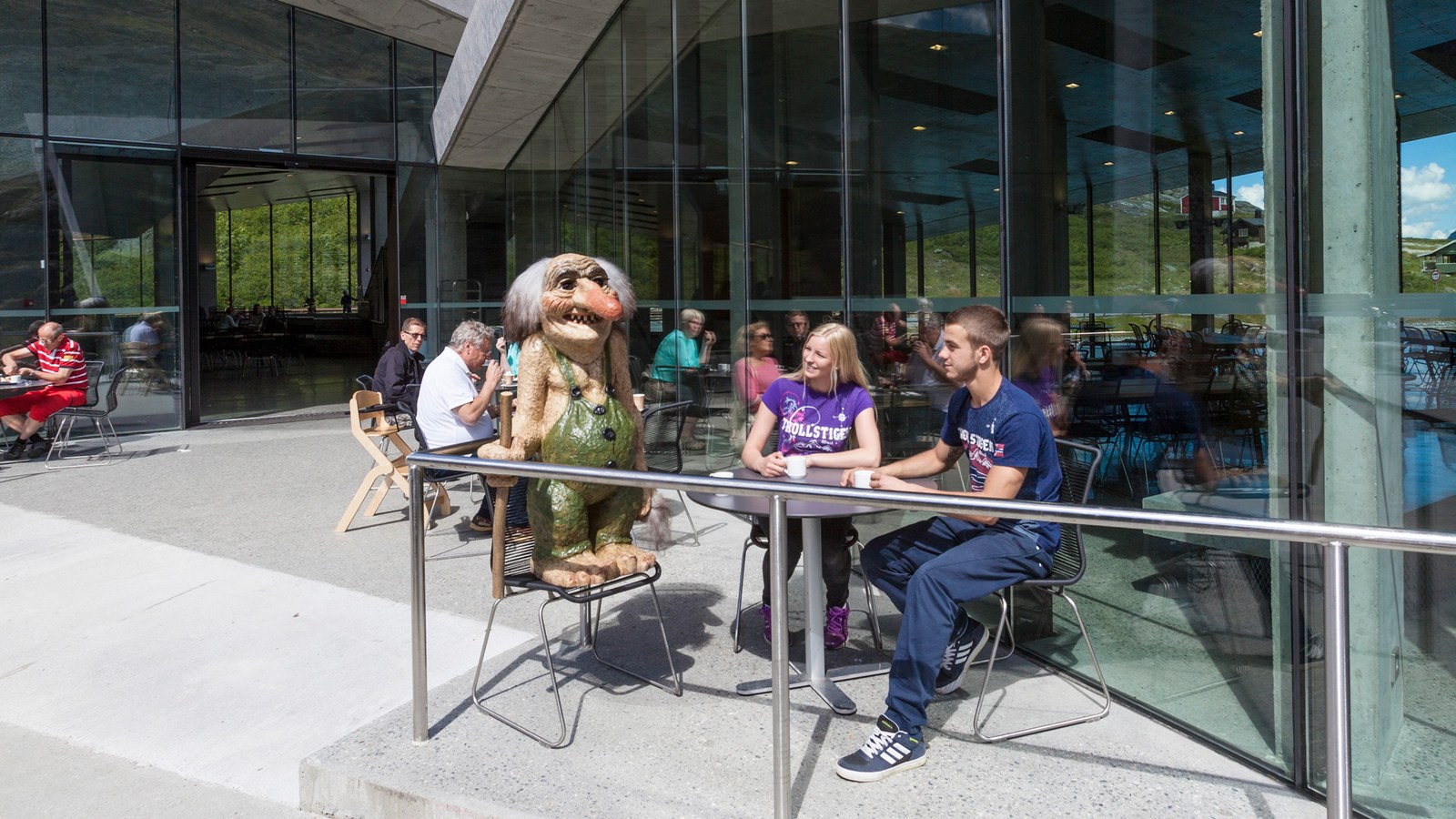 The Trollstigen visitor centre on the plateau, with a troll statue on the terrace