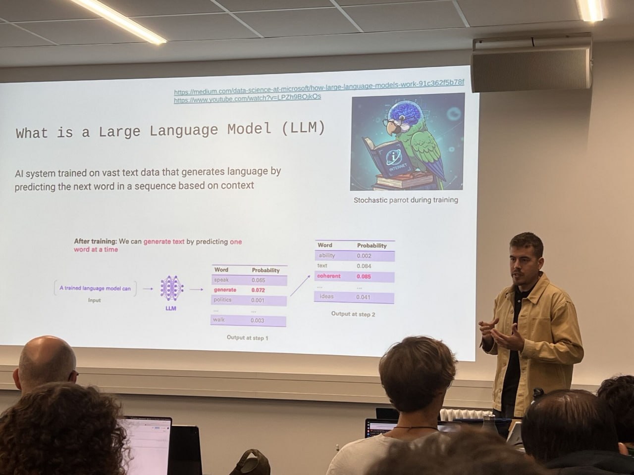 Alejandro Jarabo-Peñas giving the tutorial lecture on Integrating LLMs in Robotics and Drones