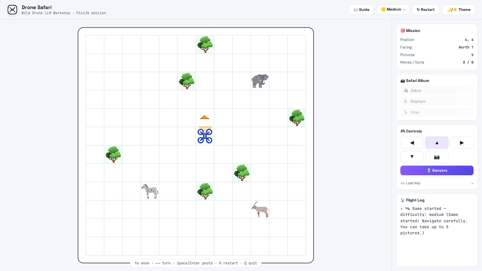 Drone Safari PixiJS web game with the 12x12 board, drone facing indicator, wildlife targets, HUD panels, and on-screen controls