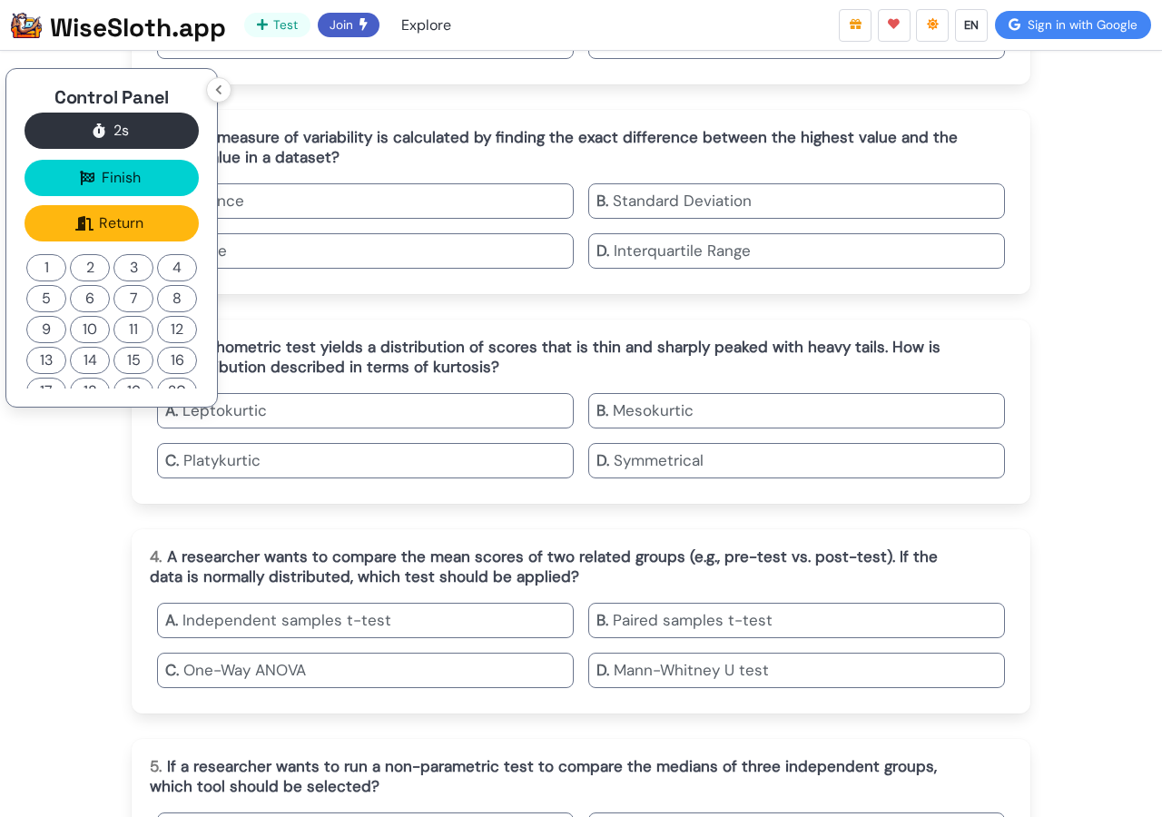 Taking a quiz on WiseSloth — one question at a time with four options and instant feedback
