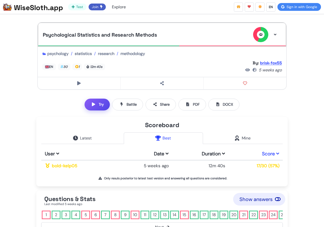 Test actions: Try, Battle (live duels), Share, and PDF/DOCX export